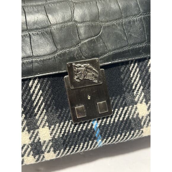 BURBERRY LONDON Croc Embossed Leather Tartan Wool Satchel Purse Bag Authentic - Picture 7 of 16